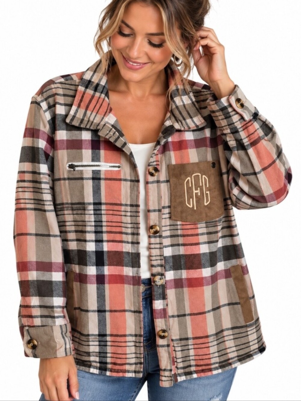 MarleyLilly Plaid Monogram Button Front Shacket Jacket XL
